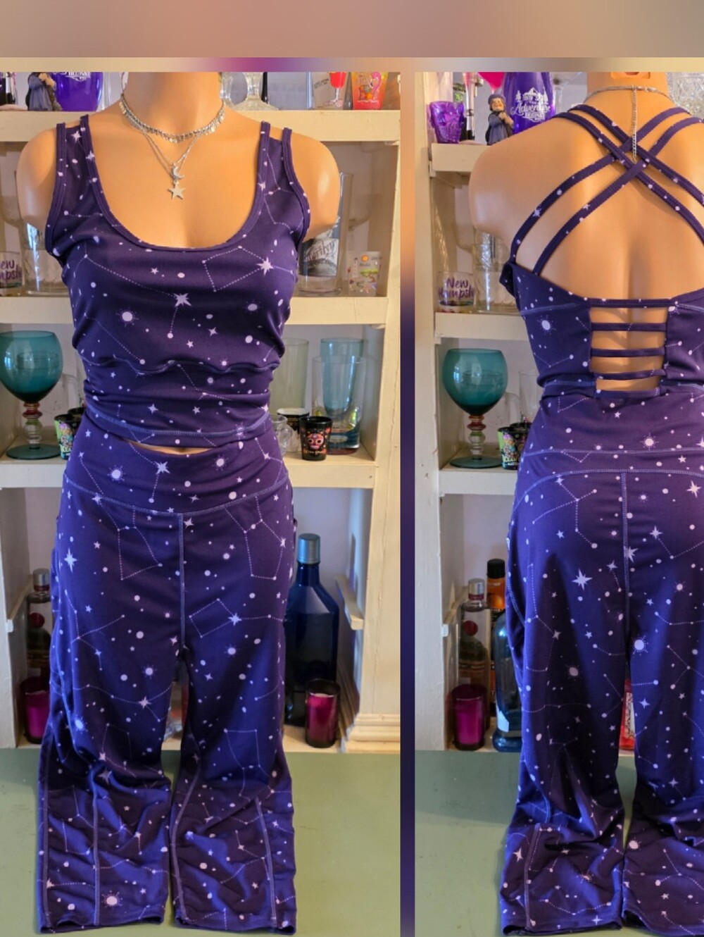Pop Fit Activewear Set 2XL Purple Zodiac Super Stretchy Crop Top & Capri EUC